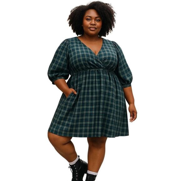 Madewell Forest Green Plaid Mariana Puff Sleeve Mini Dress XXL, New with Tags - Picture 1 of 5